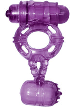 Load image into Gallery viewer, The Macho Double Cock And Balls Ring With Clitoral Tickler Silicone Waterproof Purple