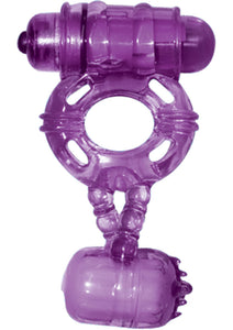 The Macho Double Cock And Balls Ring With Clitoral Tickler Silicone Waterproof Purple