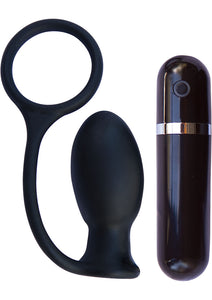 Mach Tuff Vibrating Butt Thriller Wireless Remote Silicone Anal Plug With Cockring Black 3.3 Inch