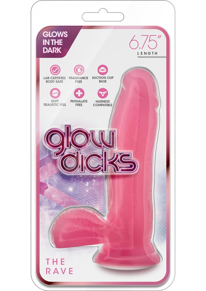 Glow Dicks The Rave Glow In The Dark Dildo With Balls Waterproof Pink 6.75 Inch