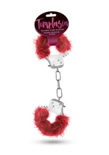 Load image into Gallery viewer, Temptasia Plush Fur Cuffs Adjustable Furry Hand Cuffs Stainless Steel With Keys Burgandy