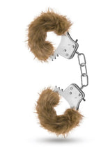 Load image into Gallery viewer, Temptasia Plush Fur Cuffs Adjustable Furry Hand Cuffs Stainless Steel With Keys Brown