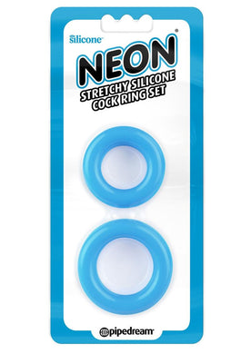 Neon Stretchy Silicone Cock Ring Set Blue 2 Each Per Set